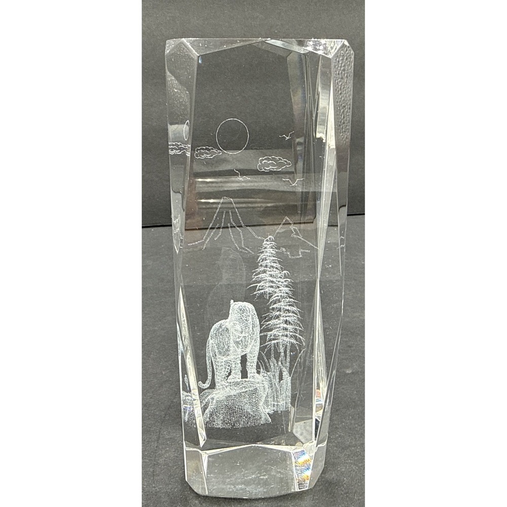 3D Etched Crystal Lion Mountain Scene Paperweight‎ Wildlife Glass Decor 6" Tall